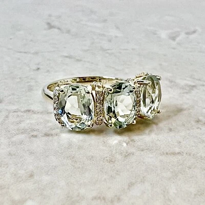 14K 3 Stone Green Quartz & Diamond Ring - 14K Yellow Gold Green Amethyst Ring - Image 1 of 4