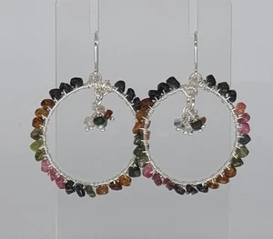 Pendientes de aro de turmalina arco iris plata esterlina 925 artesanos hechos a mano - Imagen 1 de 4