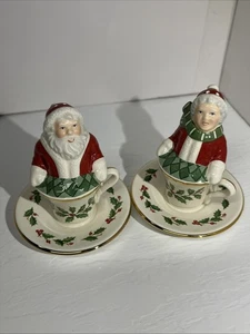 Lenox Mr & Mrs Santa Claus In Holly Berries Tea Cups Shaker Christmas Set - Picture 1 of 13