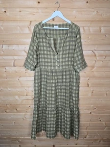 Poetry Linen & Cotton Check Tiered Seersucker Dress Size 12 Gold Olive RRP £175 - Picture 1 of 19