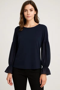 Ann Taylor XS Navy Langarm Bluse Ballonärmel Rüschenbündchen Arbeit Büro - Bild 1 von 5