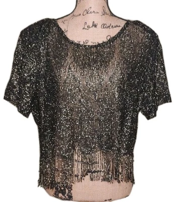 Top corto vintage Sharade of CA - dorado y negro con flecos superpuestos - talla 18 Foto 1 de 4