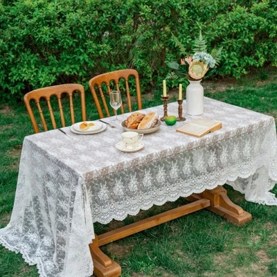 Elegant White Lace Tablecloth with 3D Embroidery for Wedding Venue Setup - Image 1 of 4