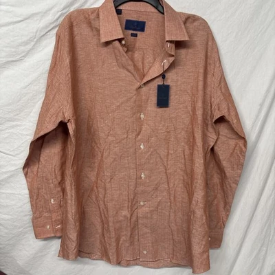 David Donahue Men's Orange Linen Trim Fit Dress Shirt Size 17.5 34/35 Button - Image 1 of 4
