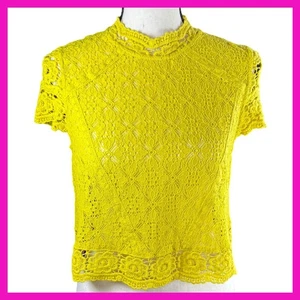 Forever 21 Lace Top, Mock Neck, Short Sleeve, Yellow Blouse, Size Small NWT - Picture 1 of 11