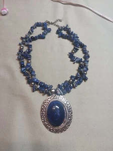 Blue Sodalite Stone Silvertone Bead Pendant Necklace - Picture 1 of 9
