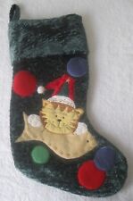 Christmas Stocking Green Quilted Stitched Kitty with Santa Tree Hat and Fish 20"