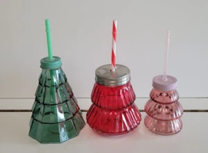 3 XMAS TREE GLASS MASON JARS TEAL RED AND PINK 4.5 AND 6.5 INCHES 8 AND 22 OZS - Picture 1 of 13