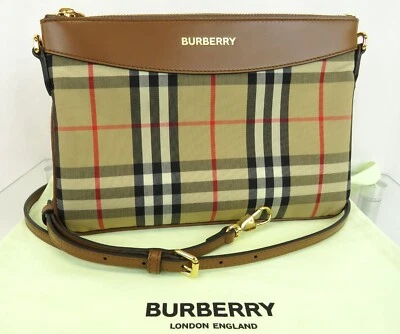 NWT BURBERRY PEYTON BROWN TAN LEATHER CHECK CANVAS CROSSBODY LOGO BAG ITALY - Image 1 of 4