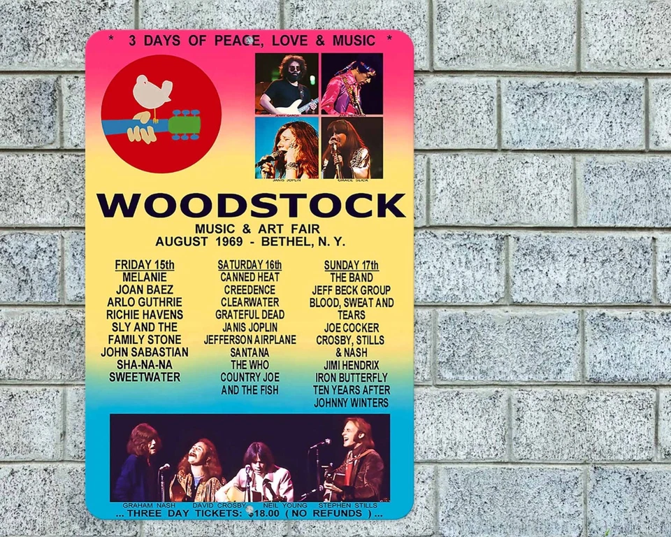 Woodstock Sign Aluminum Metal 8"x12" Garage Man Cave Classic Rock Concert - Image 1 of 1