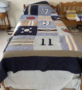 Kids Sports Twin Quilt Football Baseball Soccer Pillow 2-Shams, Blue Bed Skirt - Picture 1 of 5