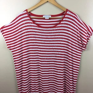 T-shirt Liz Claiborne manica corta scollo a scoop a righe rosso bianco argento borchie L - Foto 1 di 10