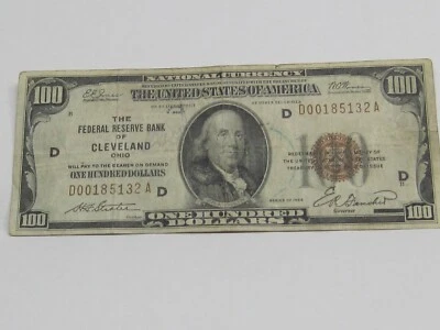 1929 One Hundred Dollar Bill $100 National Currency Note # D00185132A - Image 1 of 2