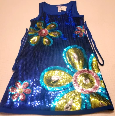 Justice Girls 8 Retro Boho Blue Floral Full Sequin BLING Party Dress NEW W/TAGS - Image 1 of 4