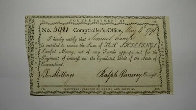 1791 10 Shillings Connecticut Comptrollers Office Colonial Currency Note Pomeroy - Image 1 of 2