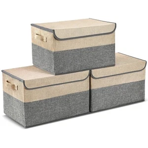 3Pcs Large Foldable Containers Organize Box for Toys Clothes Grey and Beige - Picture 1 of 8