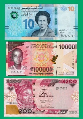 Africa 3 Banknotes Tunisia 10 Din 2020, Nigeria 200 N 2024, Guinea 10000 Fr 2018 - Image 1 of 2