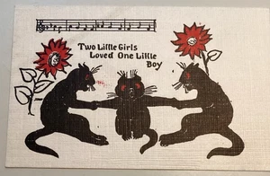 Vintage black cats kitten postcard two little girls loved one little boy - Imagen 1 de 2