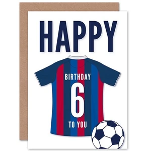 Soccer Football 6th Birthday Card for Boys Girls Blue Red Striped Top on White - Picture 1 of 4