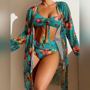 3 Piece Floral Print Swim Set Cottagecore Coquette Burnout-(#903) - Picture 1 of 6