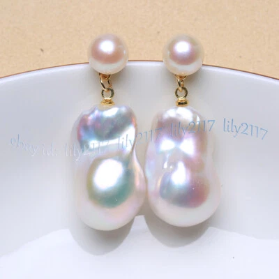 15-25MM REAL NATURAL WHITE FRESHWATER BAROQUE PEARL DANGLE GOLD STUD EARRINGS - Image 1 of 4