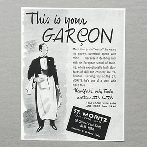 1930s ST MORITZ HOTEL on the Park NEW YORK CITY Restaurant GARCON Print Ad VTG - Picture 1 of 6