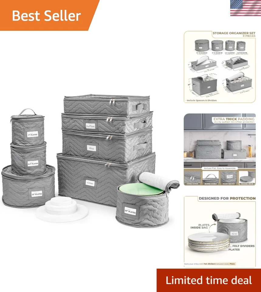 Protective Quilted China Storage Set - 8 Stackable Organizers for Plates & Mugs - Image 1 of 4