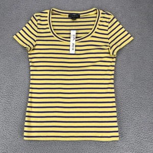 August Silk Top Women M Short Sleeve Pull Over Scoop Neck Yellow Blue Stripe - Picture 1 of 9