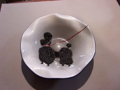 Vintage EVANS Poodle by "Don" Enameled Ruffled Footed Dish 5 3/4 Diameter MCM - Image 1 of 4