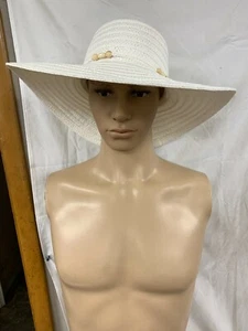 PANAMA JACK WOMEN'S PAPER BRAID SUN HAT WHITE w/BEADED TIE ONE SIZE BRAND NEW - Foto 1 di 2