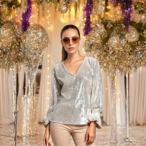 Top donna ALOGENO palloncino manica lunga camicia champagne glitter velluto blusa top - Foto 1 di 9