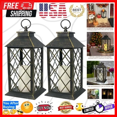 2-Pack 13.5" Vintage Candle Lantern with LED Candle Distressed Gold, 6hr Time... - Image 1 of 4