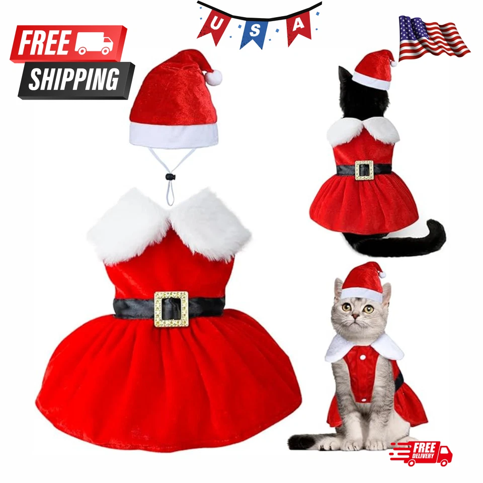 Cat Kitten Christmas Outfit - Santa Dress & Hat, Size S,M,L,XL - Image 1 of 4