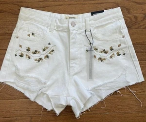 NWT TALLY WEiJL 6 Womens High Waist White Denim Jean Shorts Distress Embroidery - Picture 1 of 15