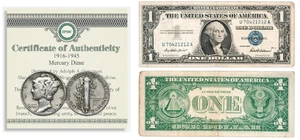 1916-1945 MERCURY SILVER DIME W/COA & 1957 $1 Dollar Bill Silver Certificate - Picture 1 of 9