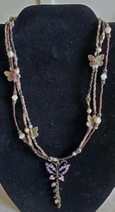 18 In Whimsical Pink Purple Silver Tone Butterfly Beaded Necklace Toggle Clasp - Picture 1 of 10