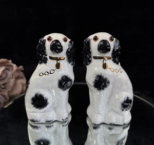 Antique Staffordshire Porcelain Black White Pair King Charles Spaniel Glass eyes - Picture 1 of 15