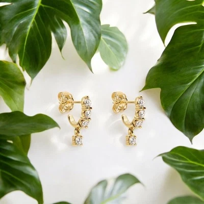 14K Yellow Gold Diamond Earrings GLI HRD Lab Grown Round 0.80 Ct Hoops With Drop - Image 1 of 4