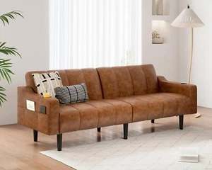 Adjustable Sleeper Sofa Bed PU Leather Couch w-Cup Holders Storage Pockets Brown - Picture 1 of 9