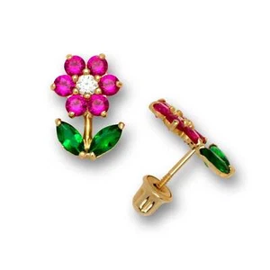 14K Yellow Gold Flower CZ Ruby Emerald Stud Earrings for Girls - Picture 1 of 1