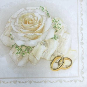Two Individual Paper Luncheon Decoupage Napkins Wedding Rings White Roses Floral - Picture 1 of 10