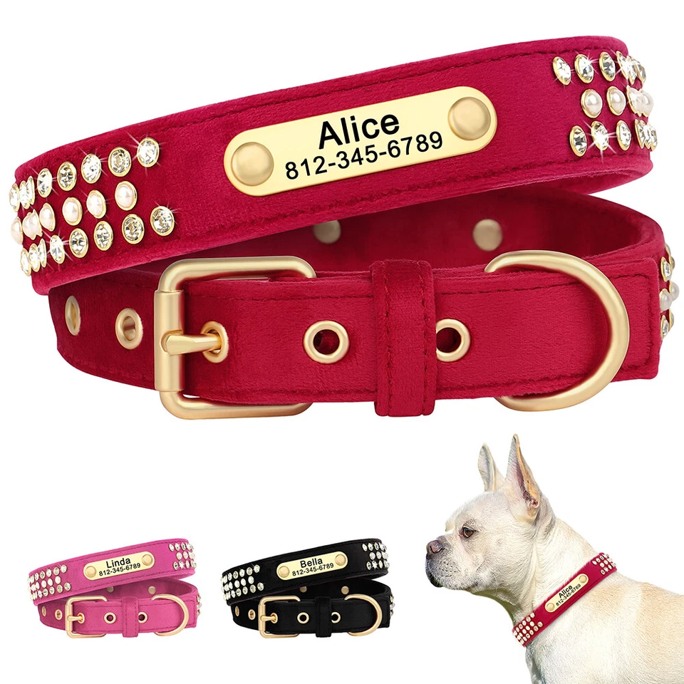 Collar de perro personalizado de terciopelo suave con número de nombre hebilla de metal grabado S M L Foto 1 de 4
