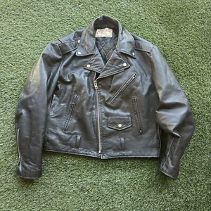 VTG Excelled Black MADE IN USA Leather Motorcycle Jacket Harley Patch Sz 46 - Picture 1 of 14