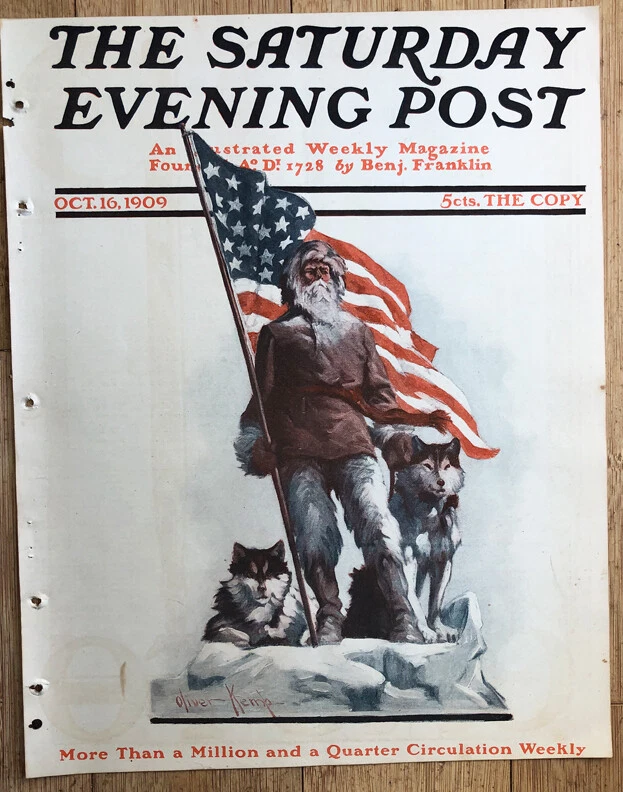 1909 Original SATURDAY EVENING POST COVER North Pole American Flag  ILLUSTRATION - Image 1 of 3