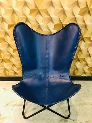 Blue Genuine Buffalo Leather Seat RelaxArm Lounge Garden Butterfly Chair Folding - Image 1 of 4