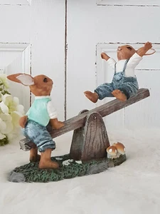 nostalgische Osterhasen Hasen Hasenkinder auf Wippe blau grün - 13 cm Ostern - Bild 1 von 5