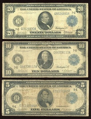 Set of 1914 $5 $10 $20 Federal Reserve Note Large Size Blue seal - Image 1 of 2