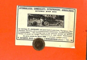 ROMAINVILLE ( 93 ) REMORQUE JACQUET / TOUTE PETITE PUBLICITÉ ADVERTISING 1927 - Foto 1 di 1