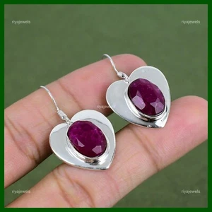 925 Sterling Silver Oval Kashmir Rubi Stone Heart Dangle Drop Earrings Jewelry - Picture 1 of 6