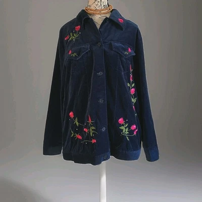 Blue Velvet Rose Embroidered Jacket Women's Size Medium - Image 1 of 4